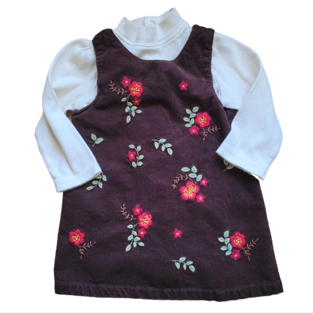 Vintage embroidered brown corduroy jumper overall dress with cream turt